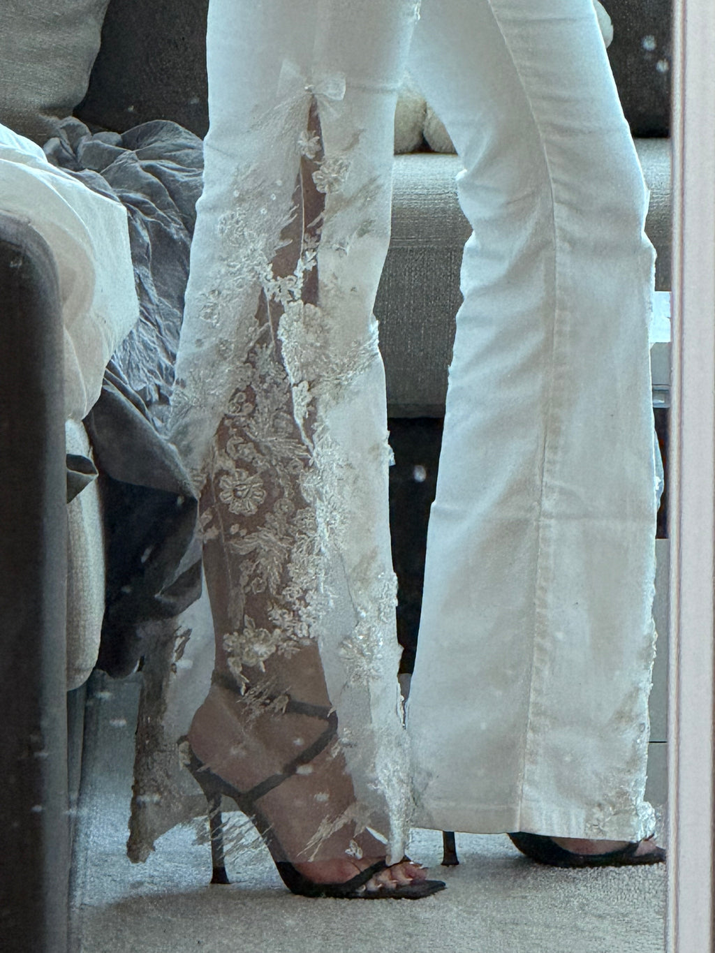 White jeans with bridal lace
