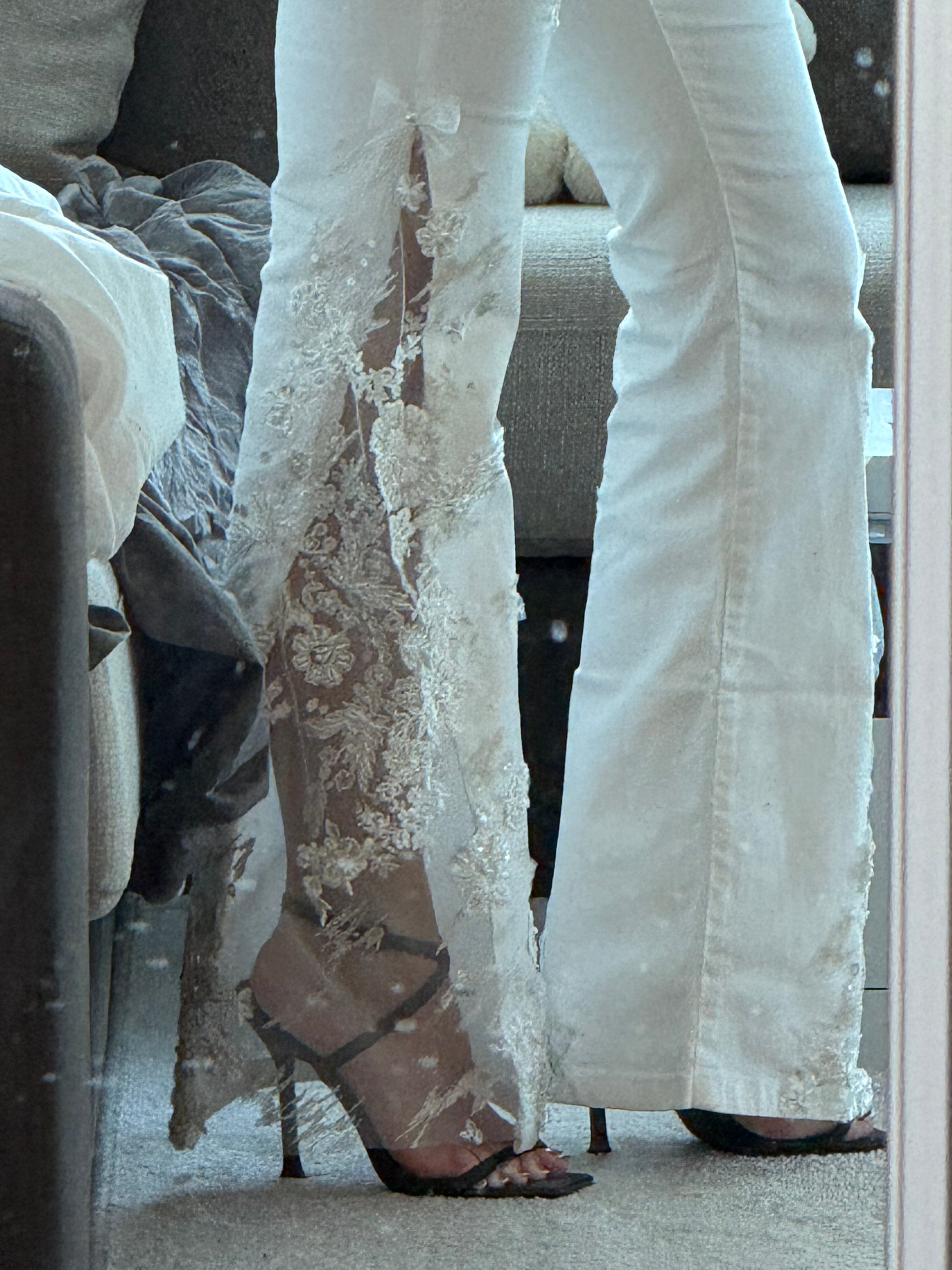 White jeans with bridal lace