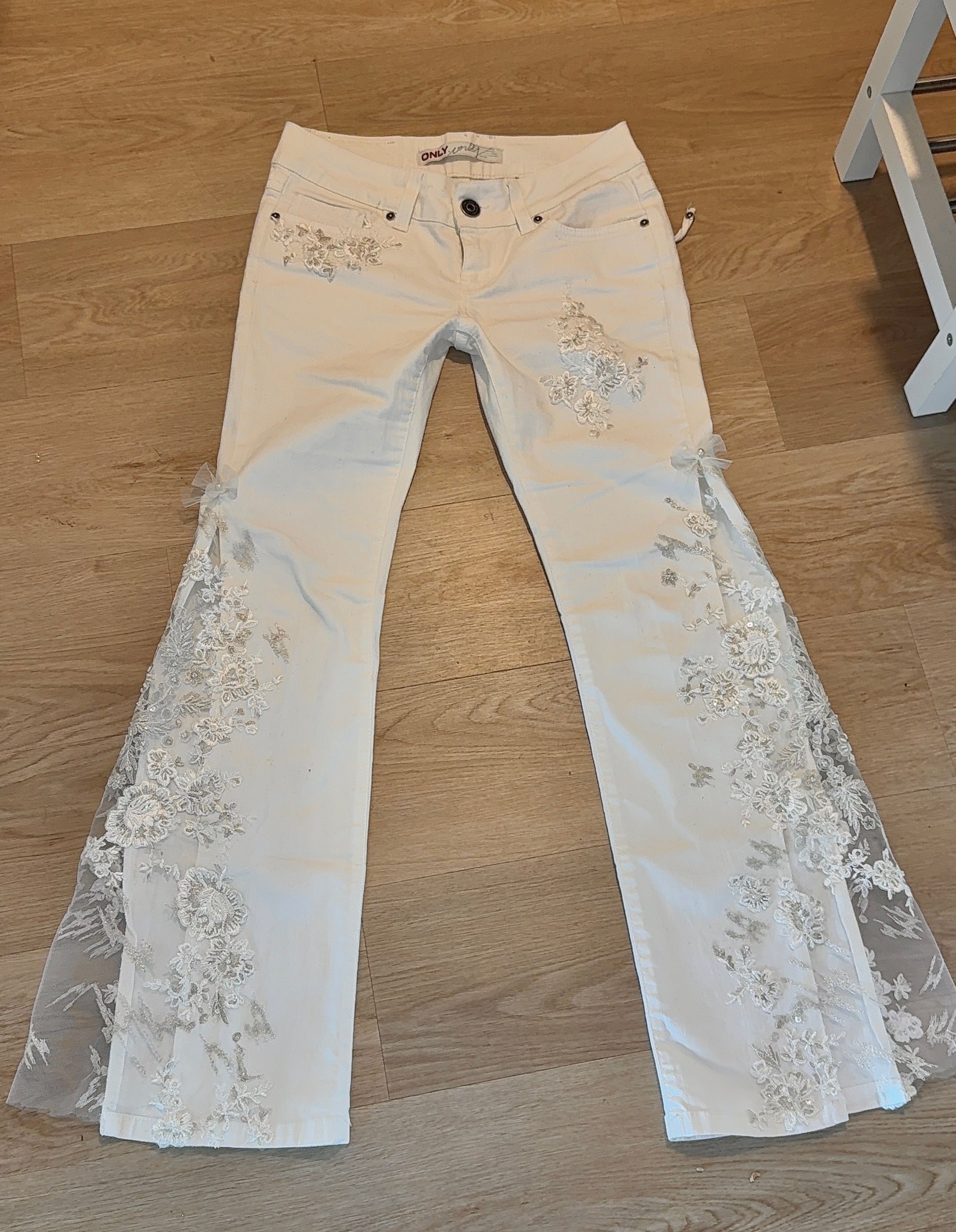 White jeans with bridal lace