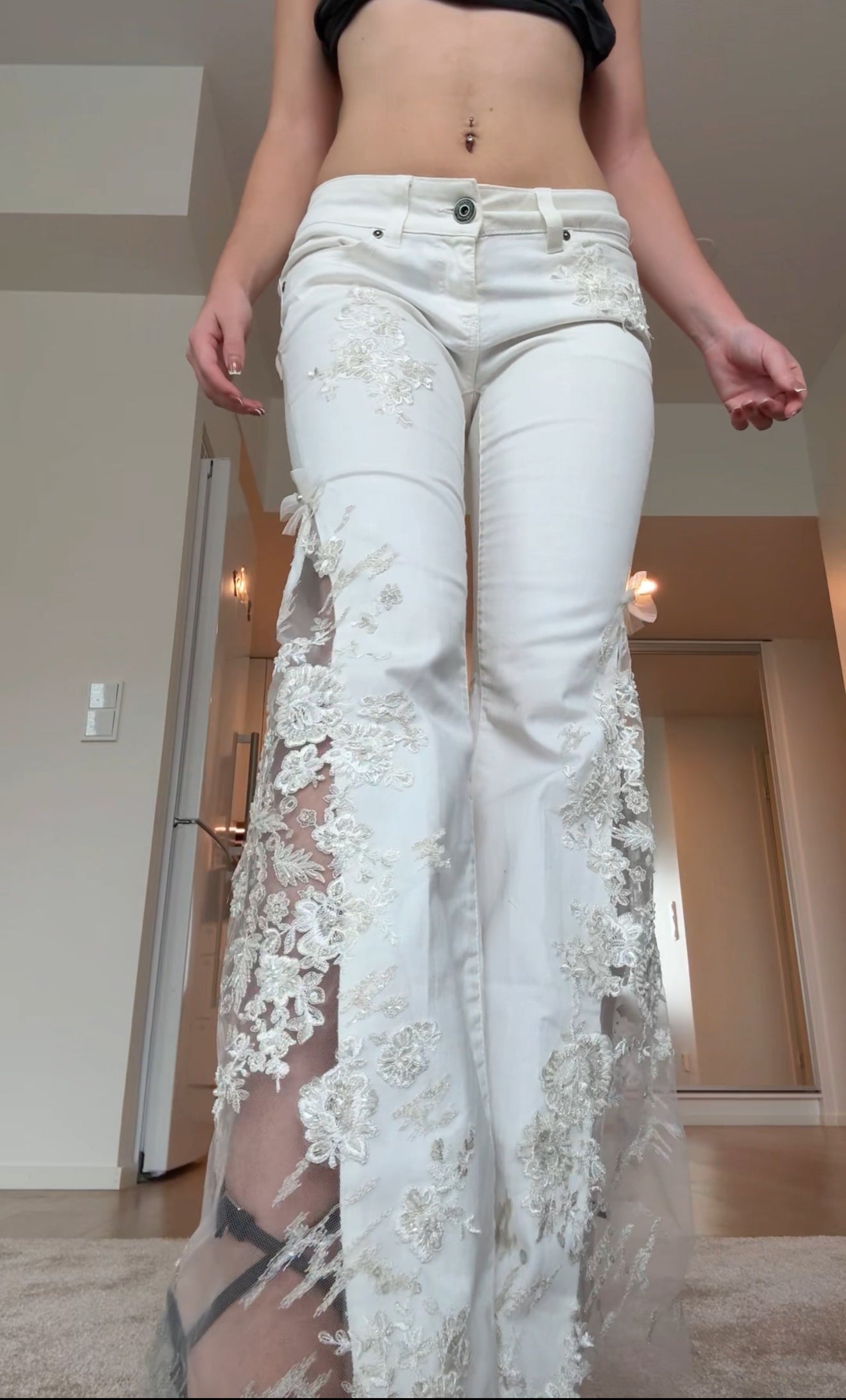 White jeans with bridal lace