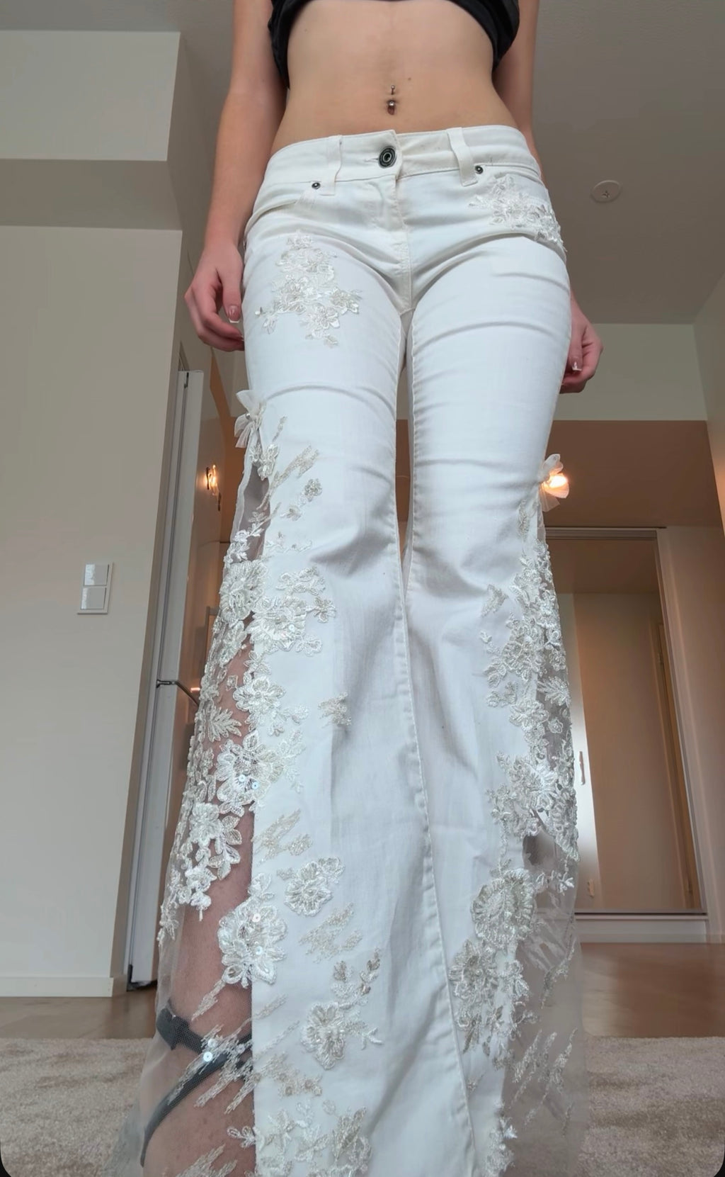 White jeans with bridal lace